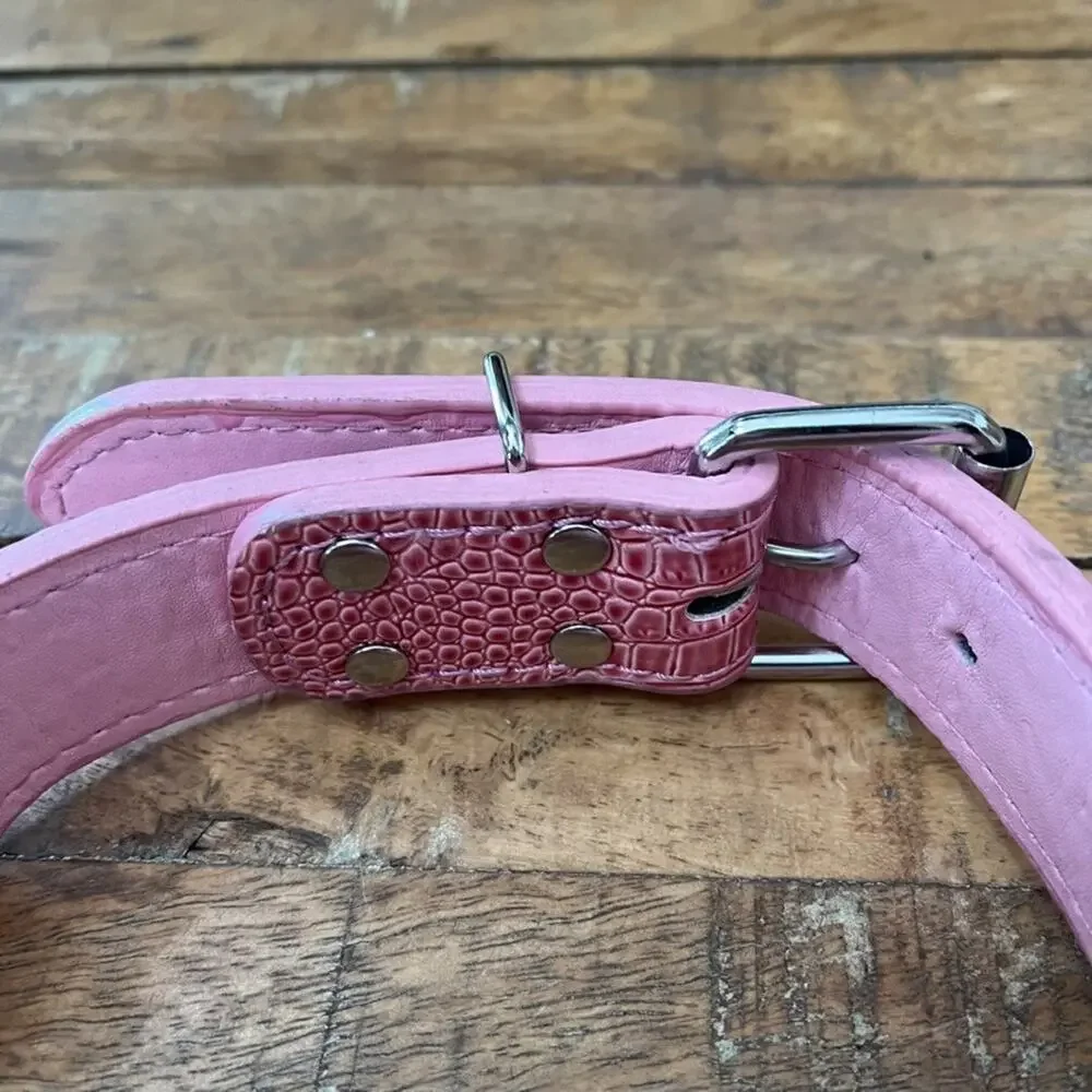 Pink Spiked Dog Collar Faux Croc Leather Medium Large 2